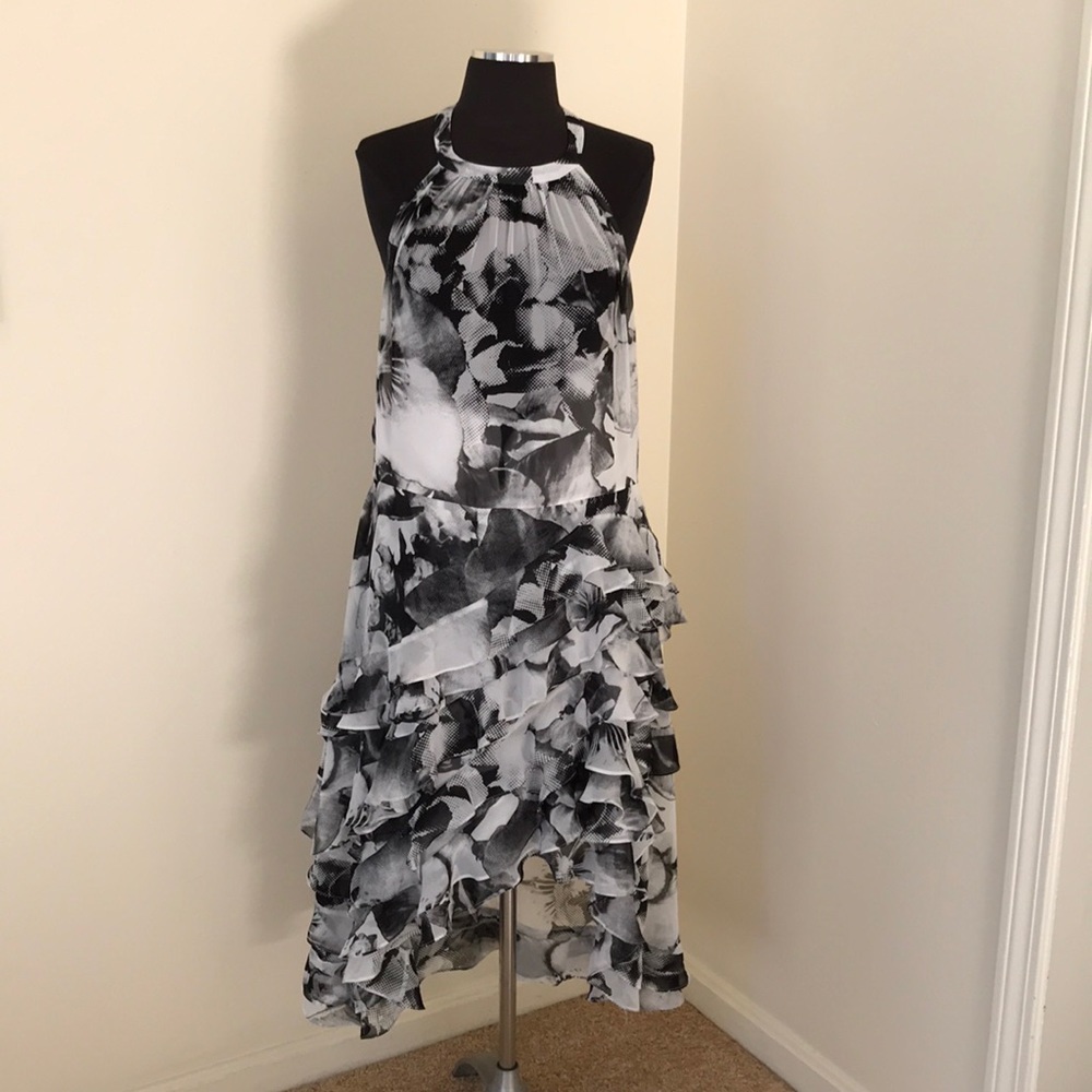 NWT! MSK size 14 Black Combo Ruffled halter dress